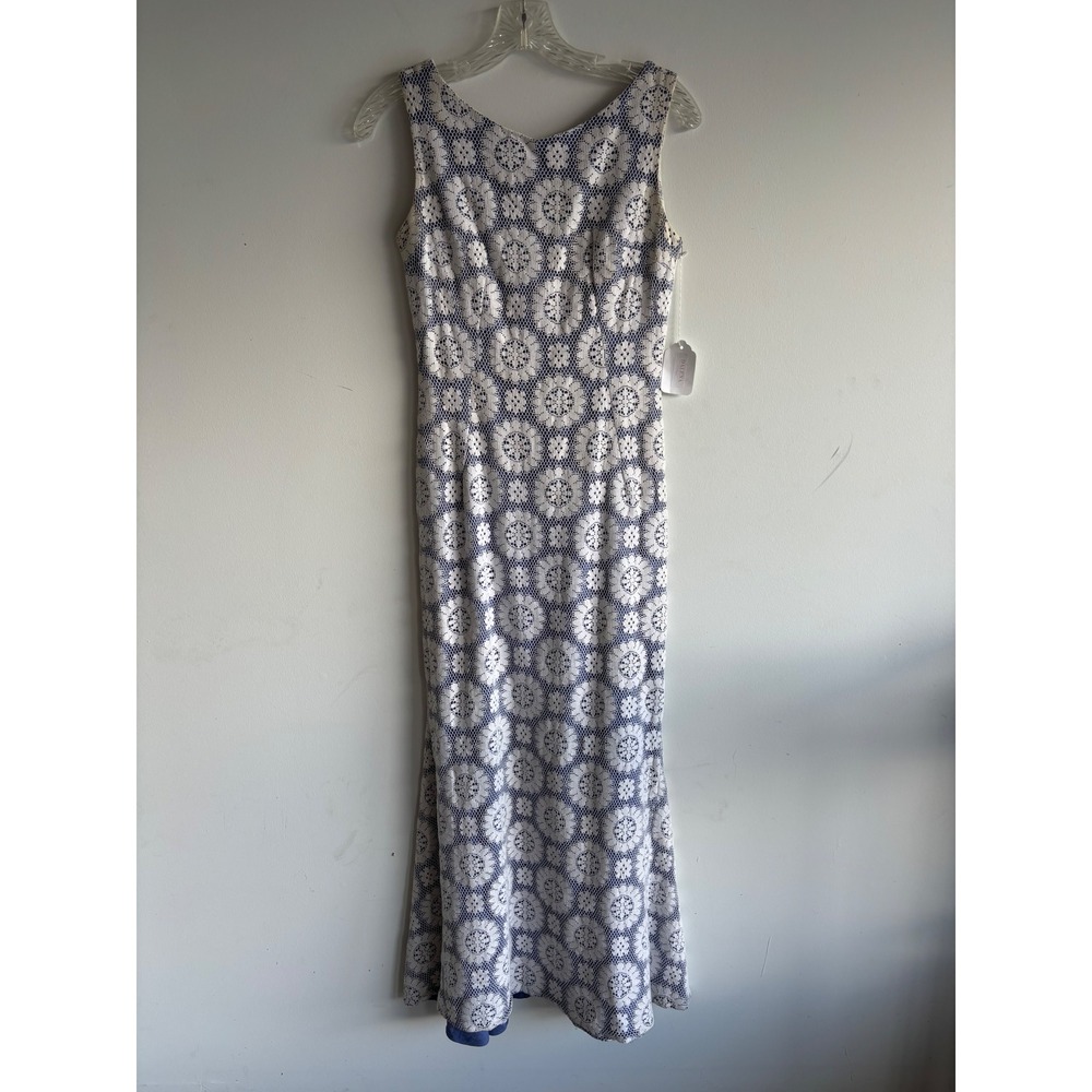 Vintage 1960s Floral Lace Maxi Dress Blue White Sleeveless Mod 34x28x38